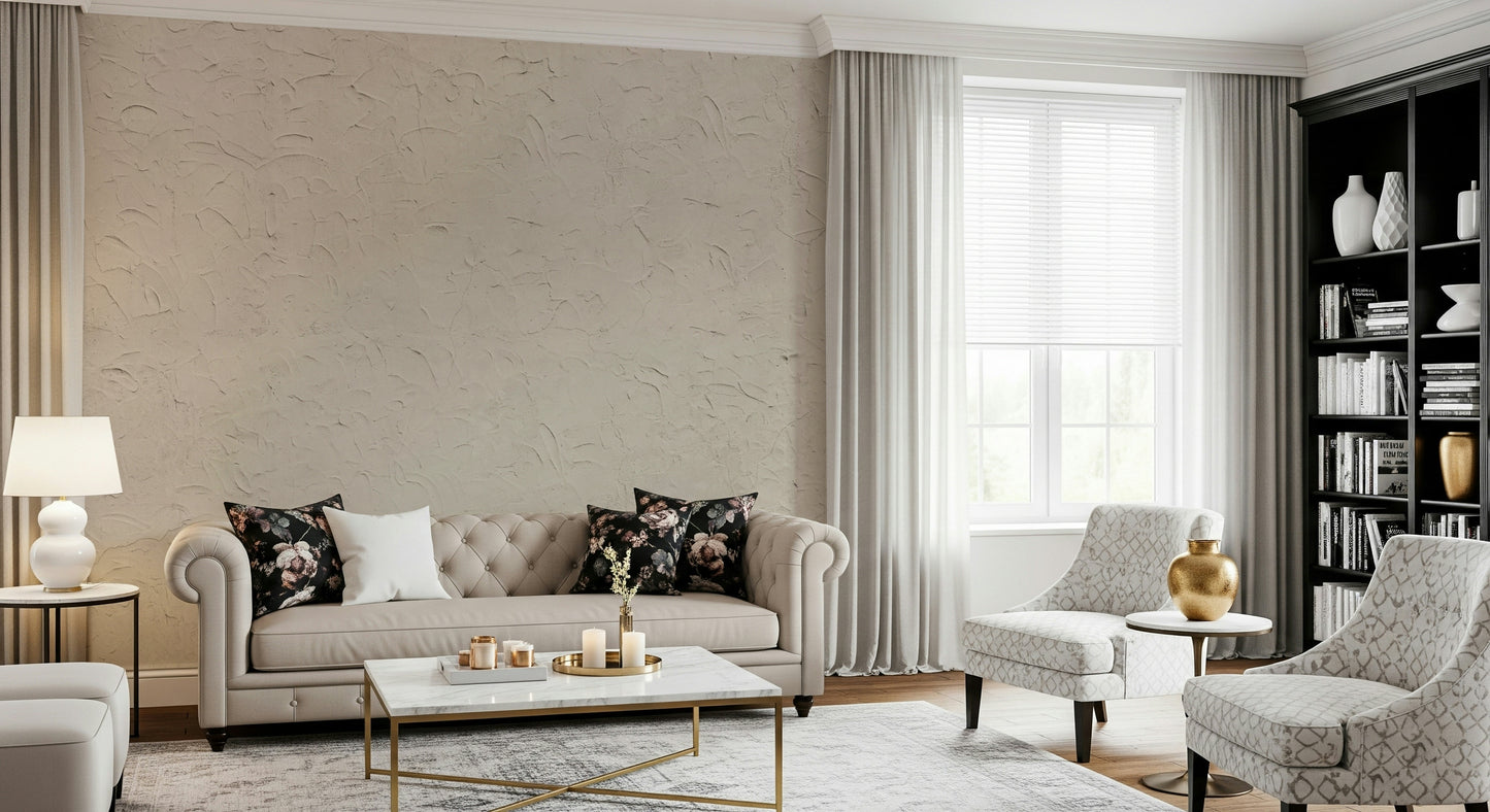 Corner installation showing the realistic texture of the Plastered Beige Wall Mural.