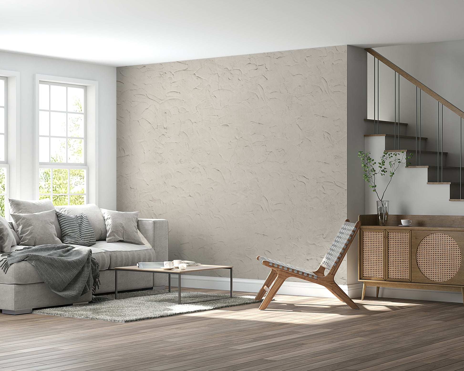 Plastered Beige Wall Mural adding depth to a home office space.