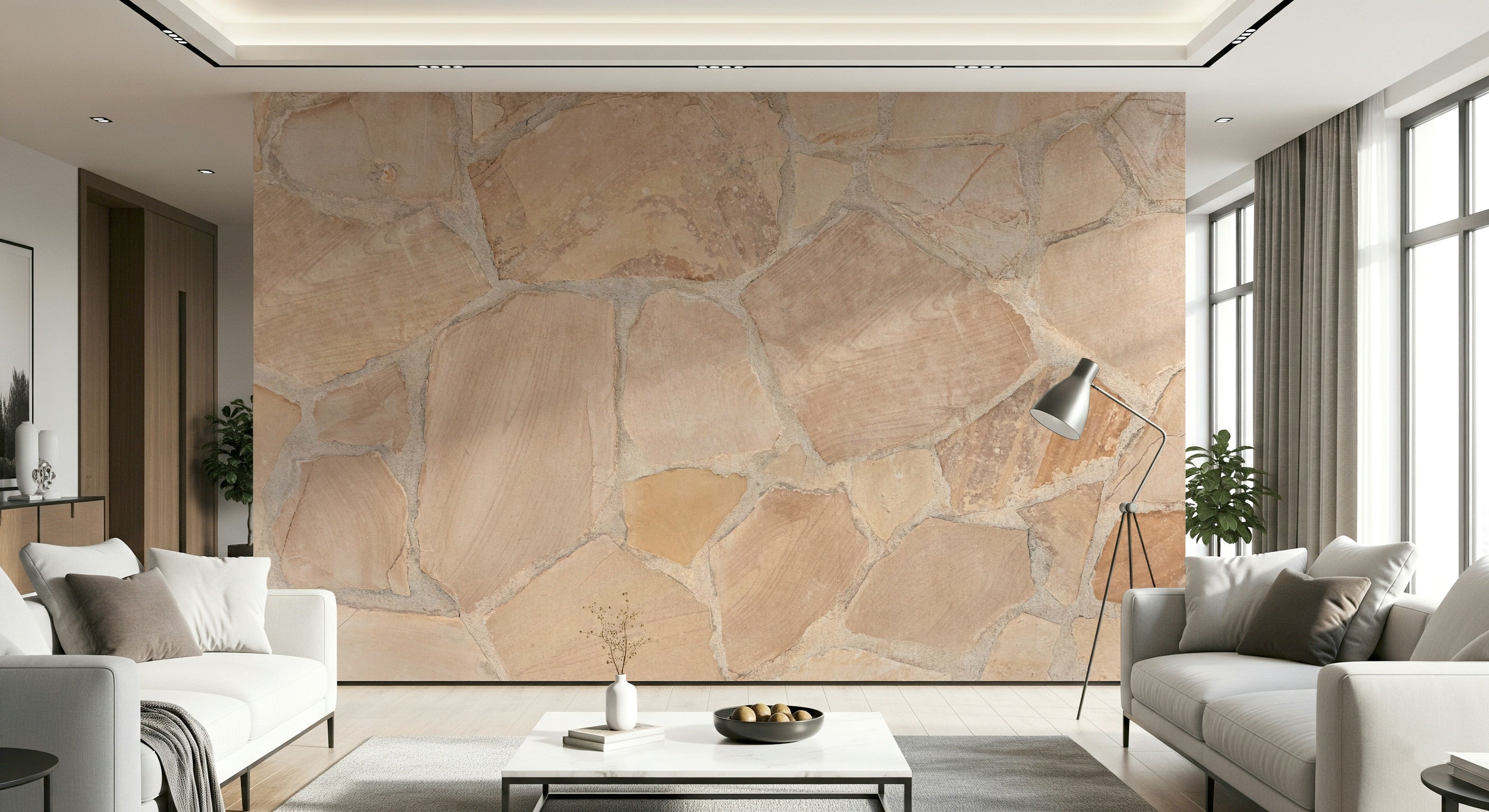Rustic stone wallpaper for walls in modern living room.