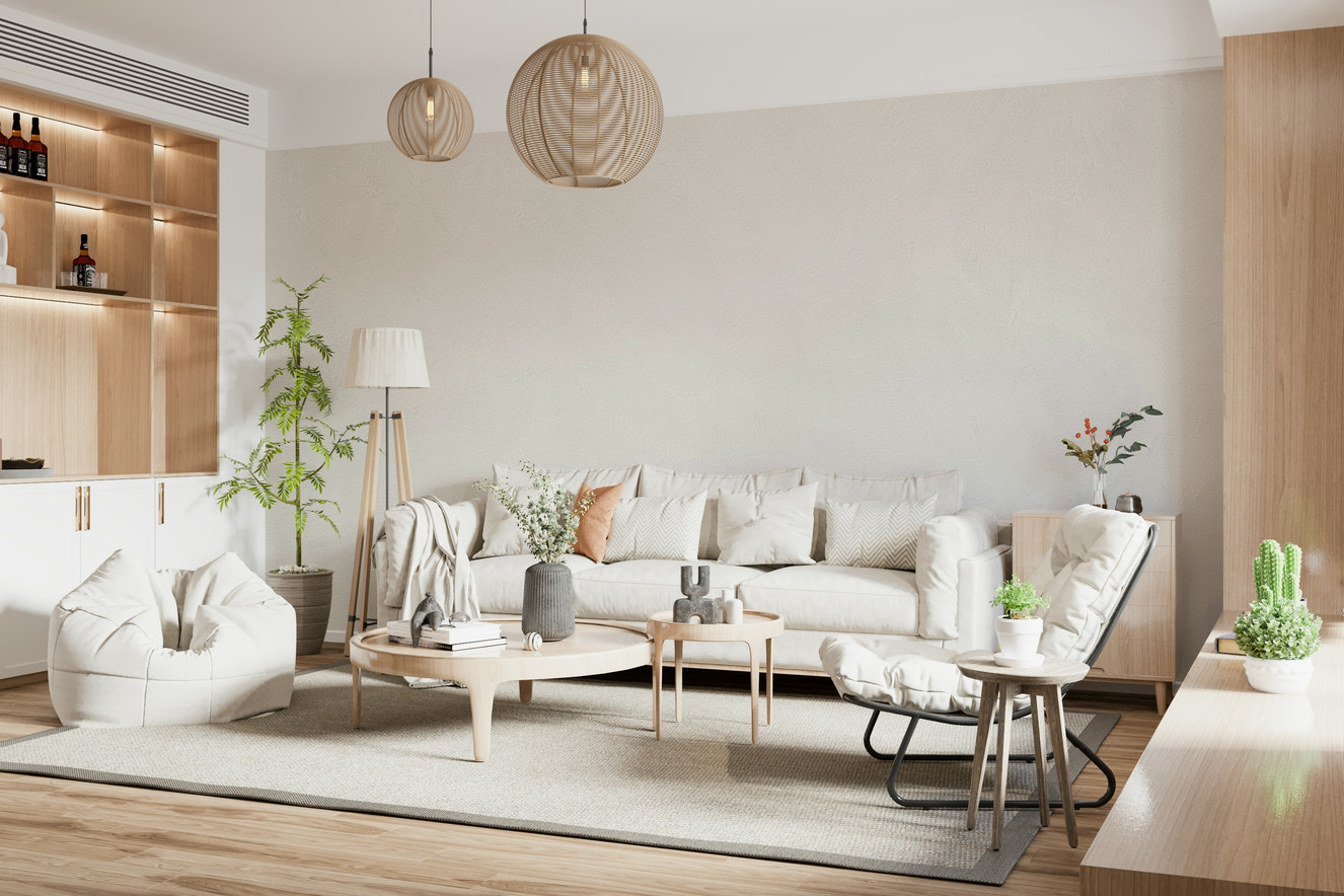 Full living room with the peaceful Serene Plaster Wall Mural.