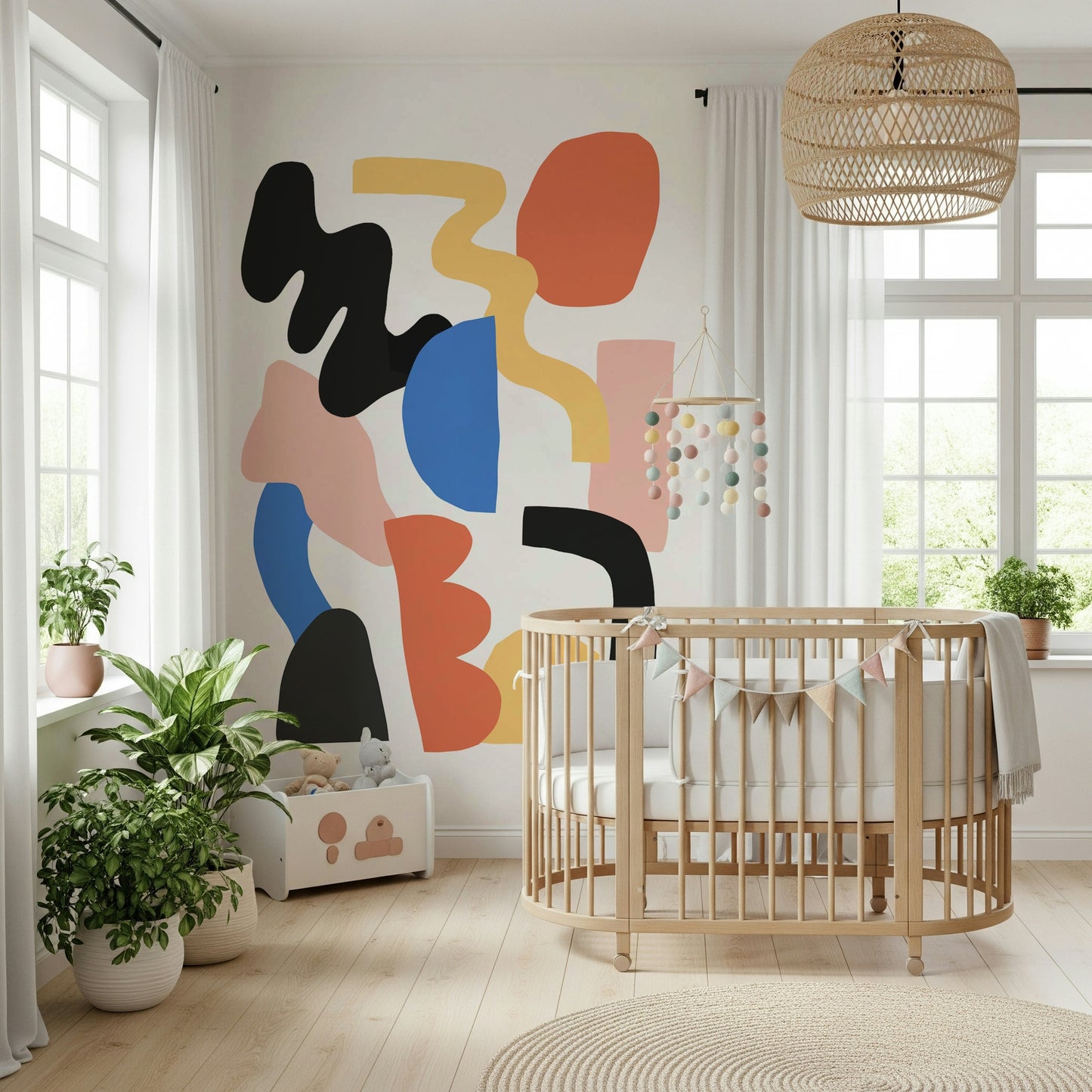 Bedroom with the Abstract Block Party modern art mural accent.