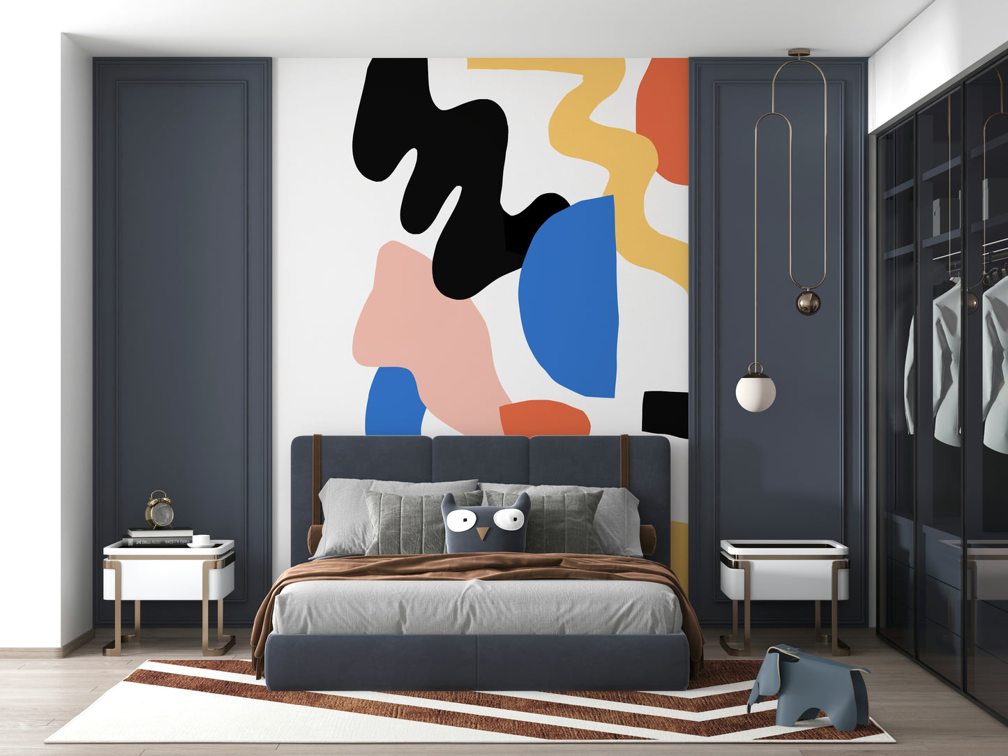 Contemporary interior showcasing the Abstract Block Party wallpaper for walls.