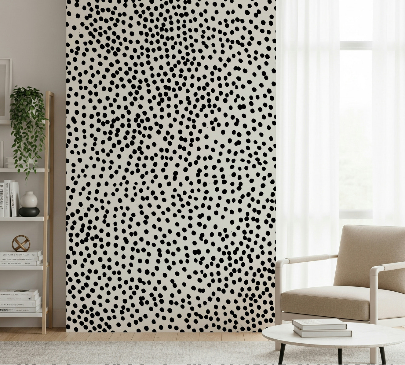 Full living room featuring the cheerful Dotted Delight Wall Mural.