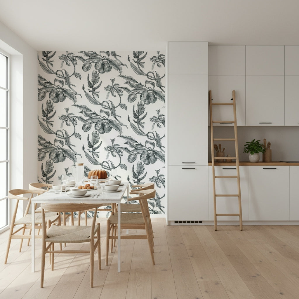 Heritage-style Pé de Maracujá monochrome artwork, fruit harvest wallpaper.