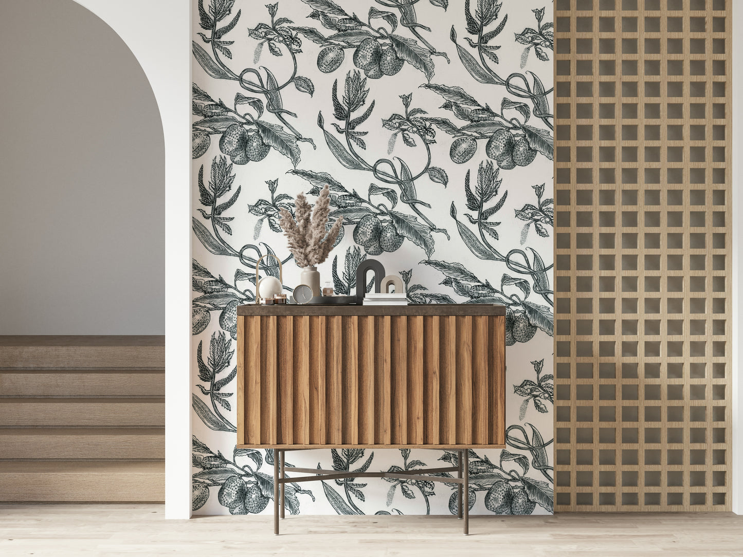 Monochrome wall mural, decorative Pé de Maracujá fruit and foliage design.