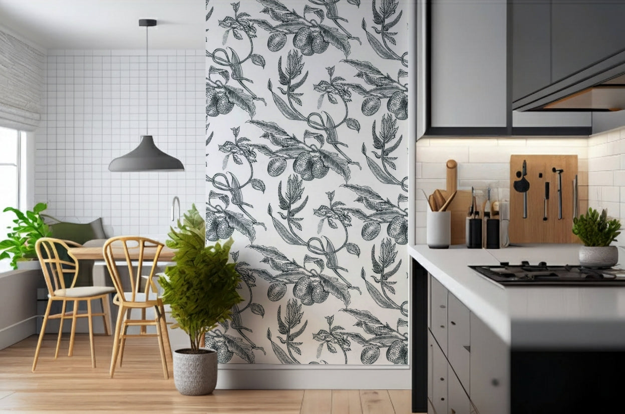 Captivating passion fruit design, Pé de Maracujá botanical sketch wall paper.