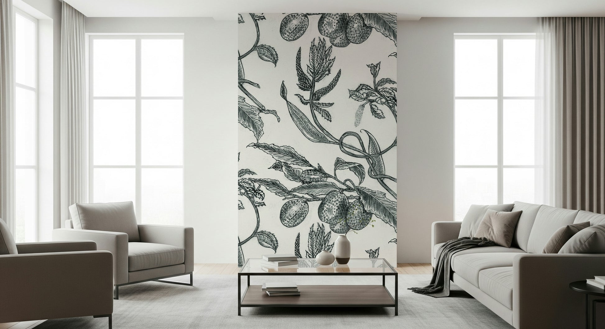Pé de Maracujá wallpaper, intricate black and white passion fruit vine mural.