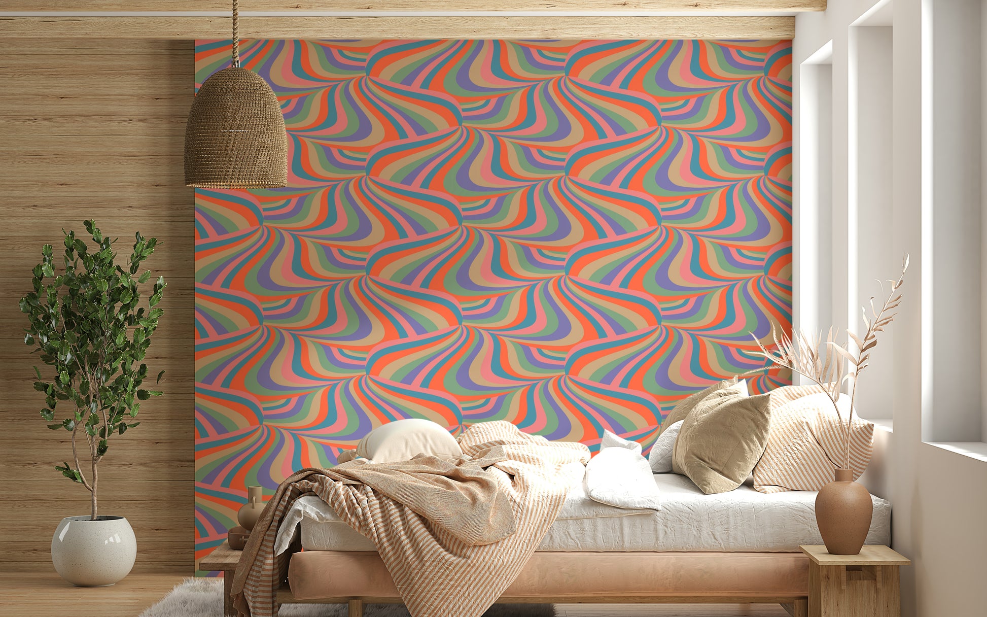 Retro 70s style pattern of the Marble Swirl Groovy Retro Abstract Stripes Colorful Wallpaper.