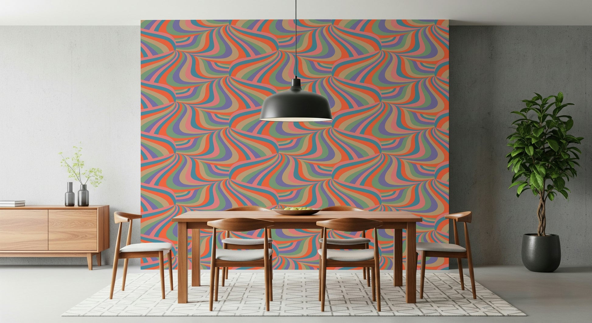 Designer interior featuring the bold Marble Swirl Groovy Retro Abstract Stripes Colorful Wallpaper.