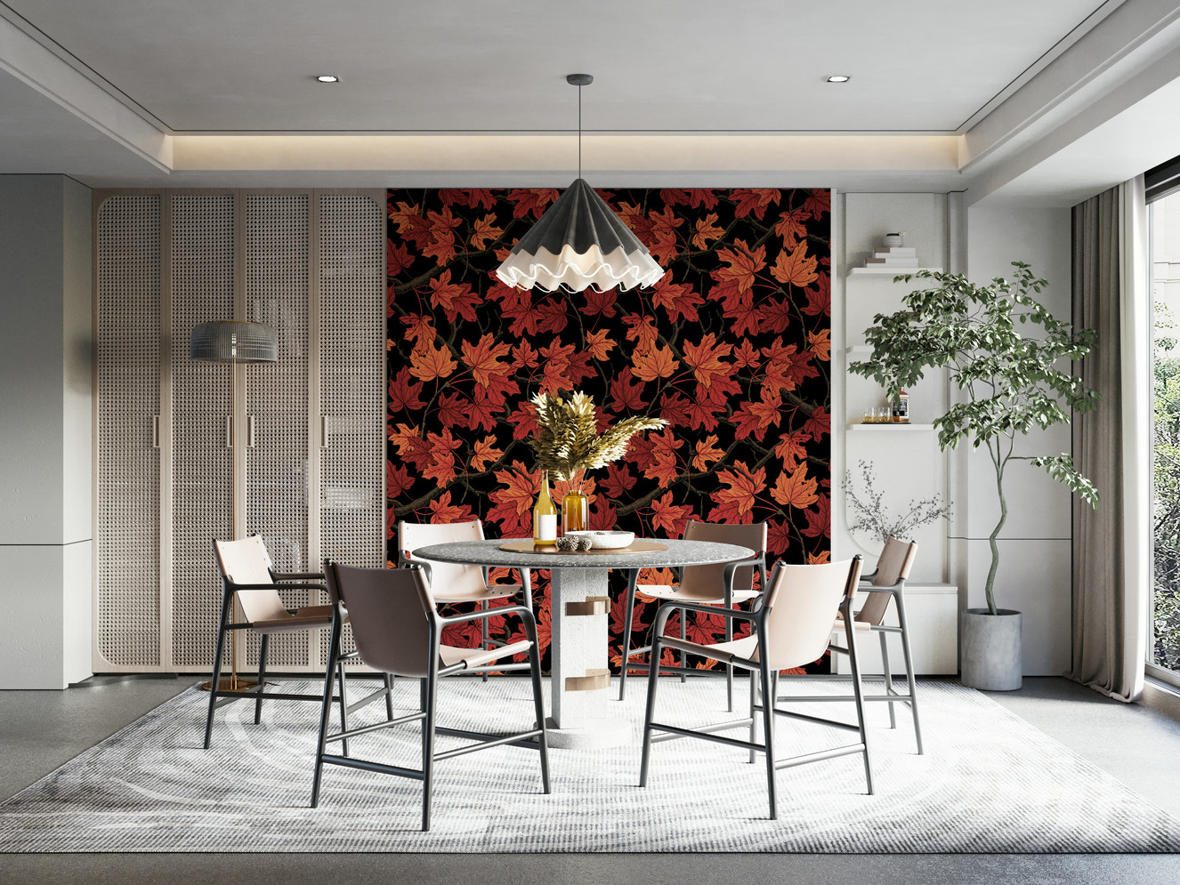 Red Autumn maple leaves on black Wallpaper in a moody living room.