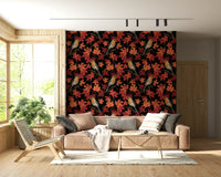 Robins in maple tree on black Wallpaper accent wall behind a leather sofa.