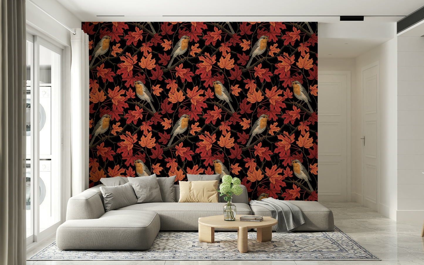 Detailed robin illustration on the Robins in maple tree on black Wallpaper mural.