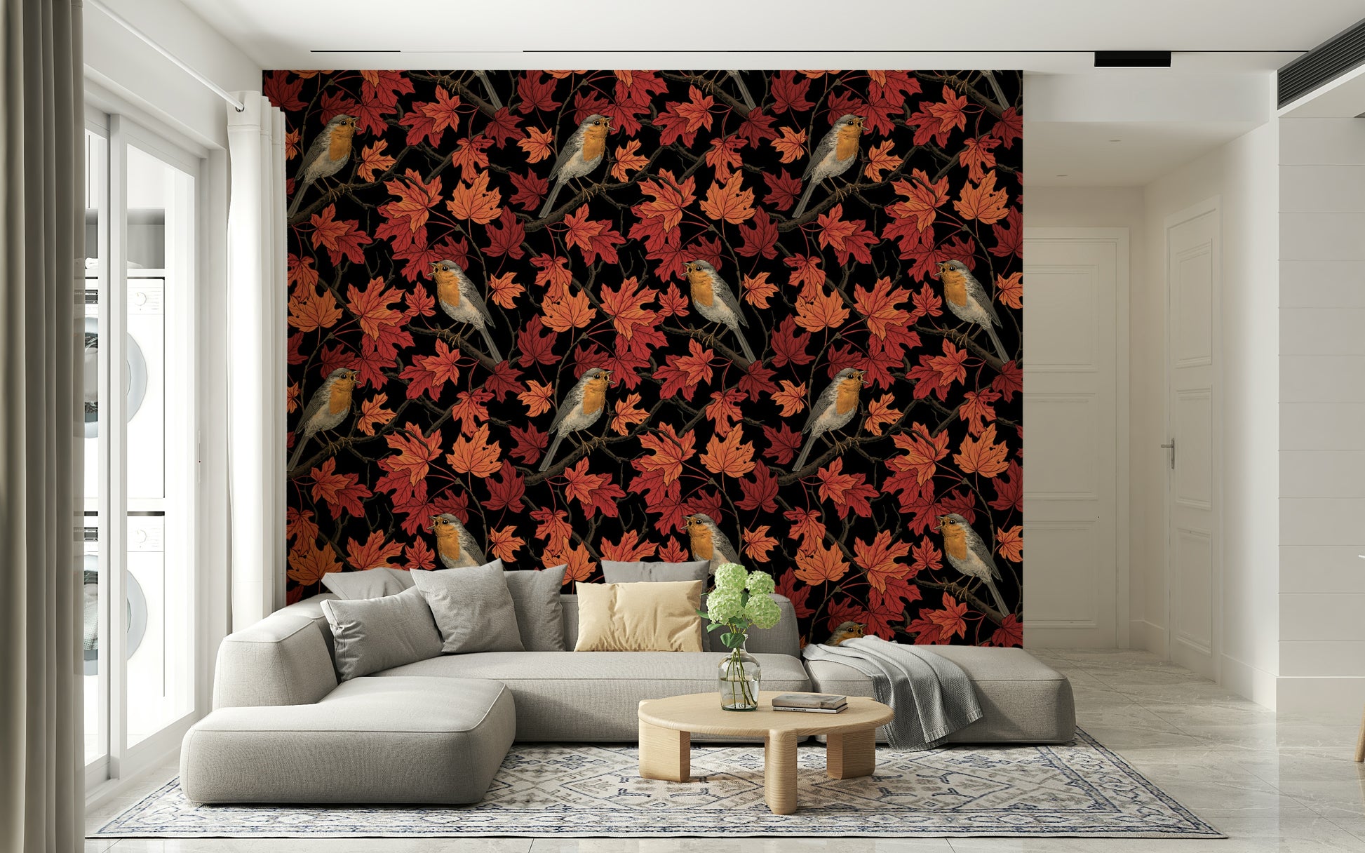 Detailed robin illustration on the Robins in maple tree on black Wallpaper mural.