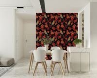 Robins in maple tree on black Wallpaper in a sophisticated den.
