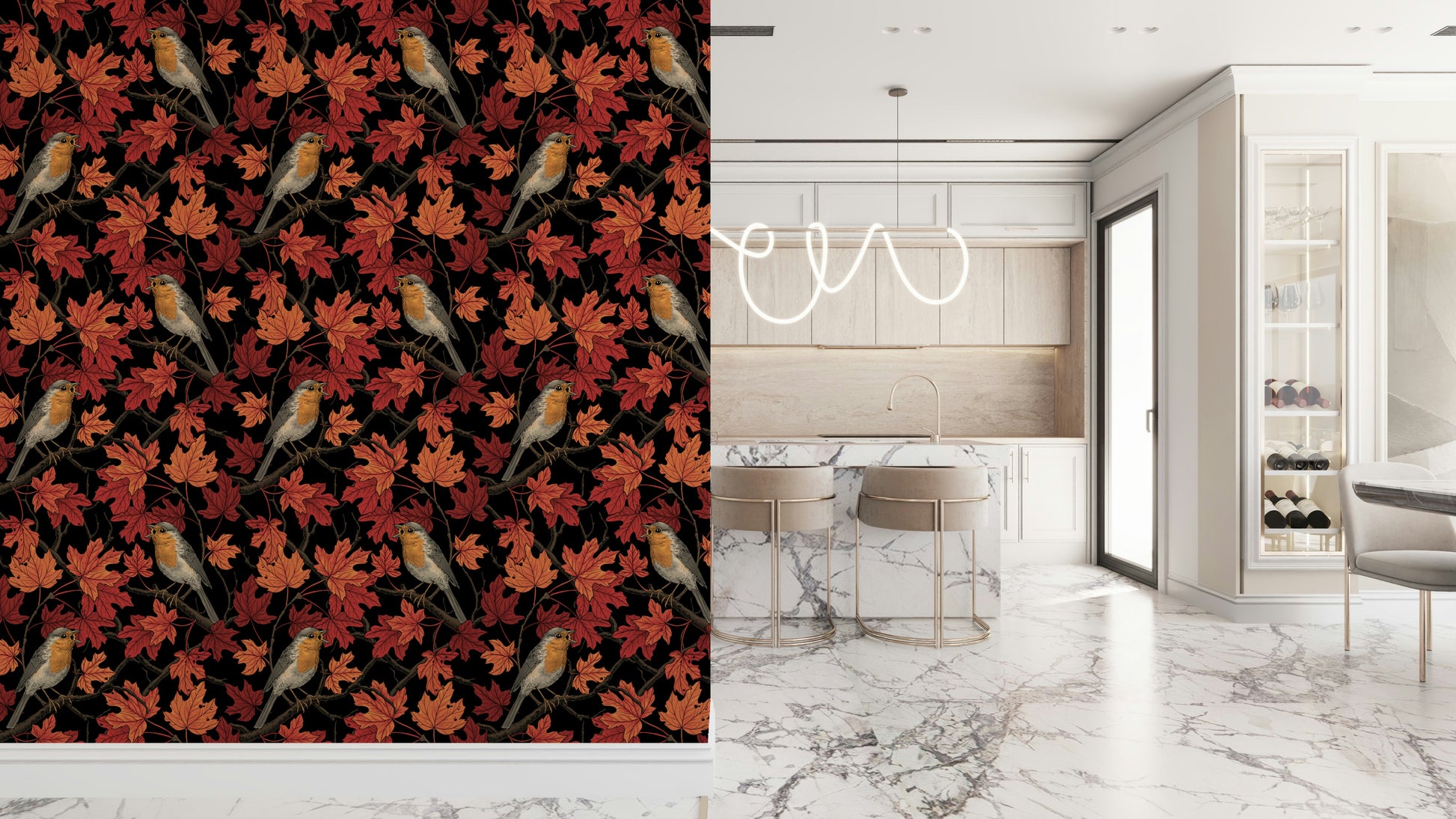 Robins in maple tree on black Wallpaper creating a stunning feature wall.