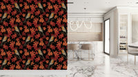 Robins in maple tree on black Wallpaper creating a stunning feature wall.
