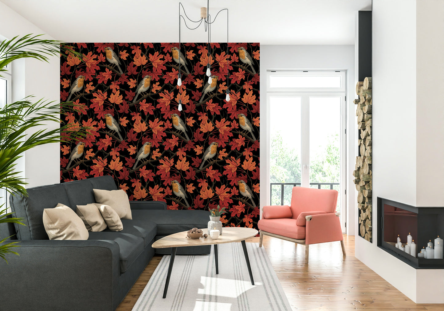 Vibrant red maple leaves pattern of the Robins in maple tree on black Wallpaper.