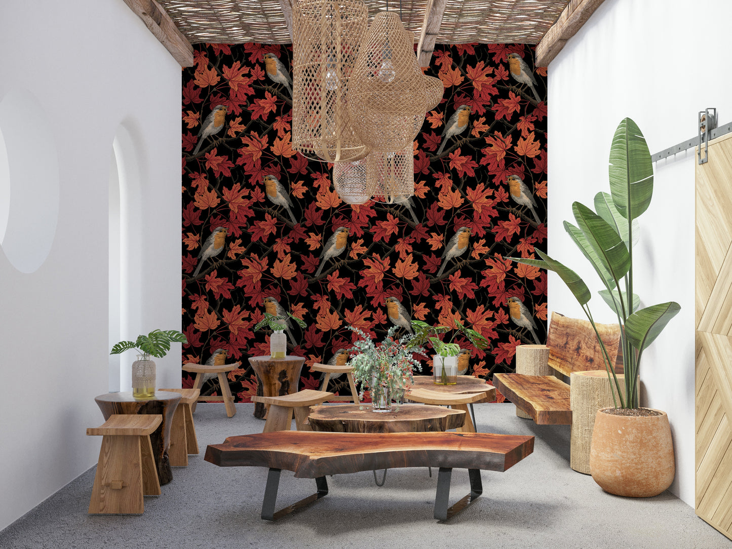 Designer interior featuring the Robins in maple tree on black Wallpaper print.