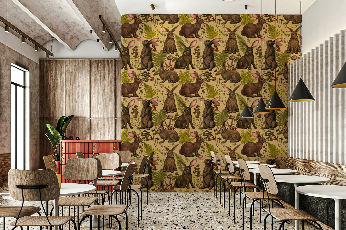 Detailed ferns and mushrooms on the Rabbits and woodland flora Wallpaper mural.