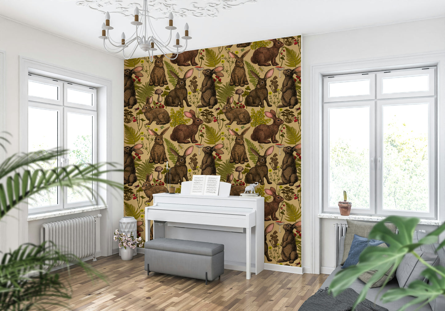 Earth tone wallpaper for walls using the Rabbits and woodland flora Wallpaper.