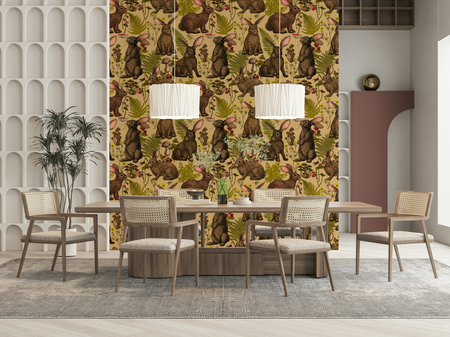 Vintage engraving style rabbits on the Rabbits and woodland flora Wallpaper.