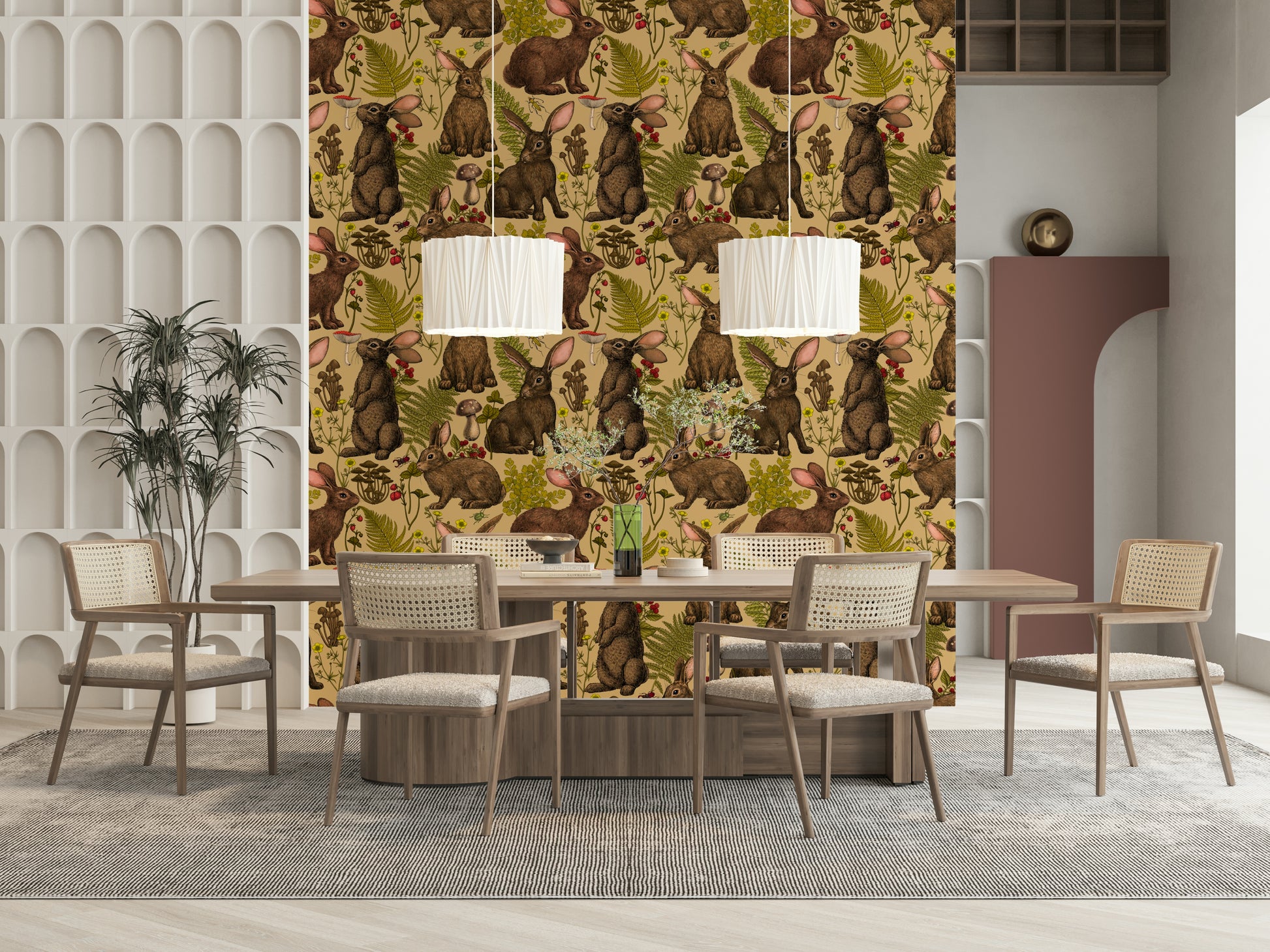 Vintage engraving style rabbits on the Rabbits and woodland flora Wallpaper.