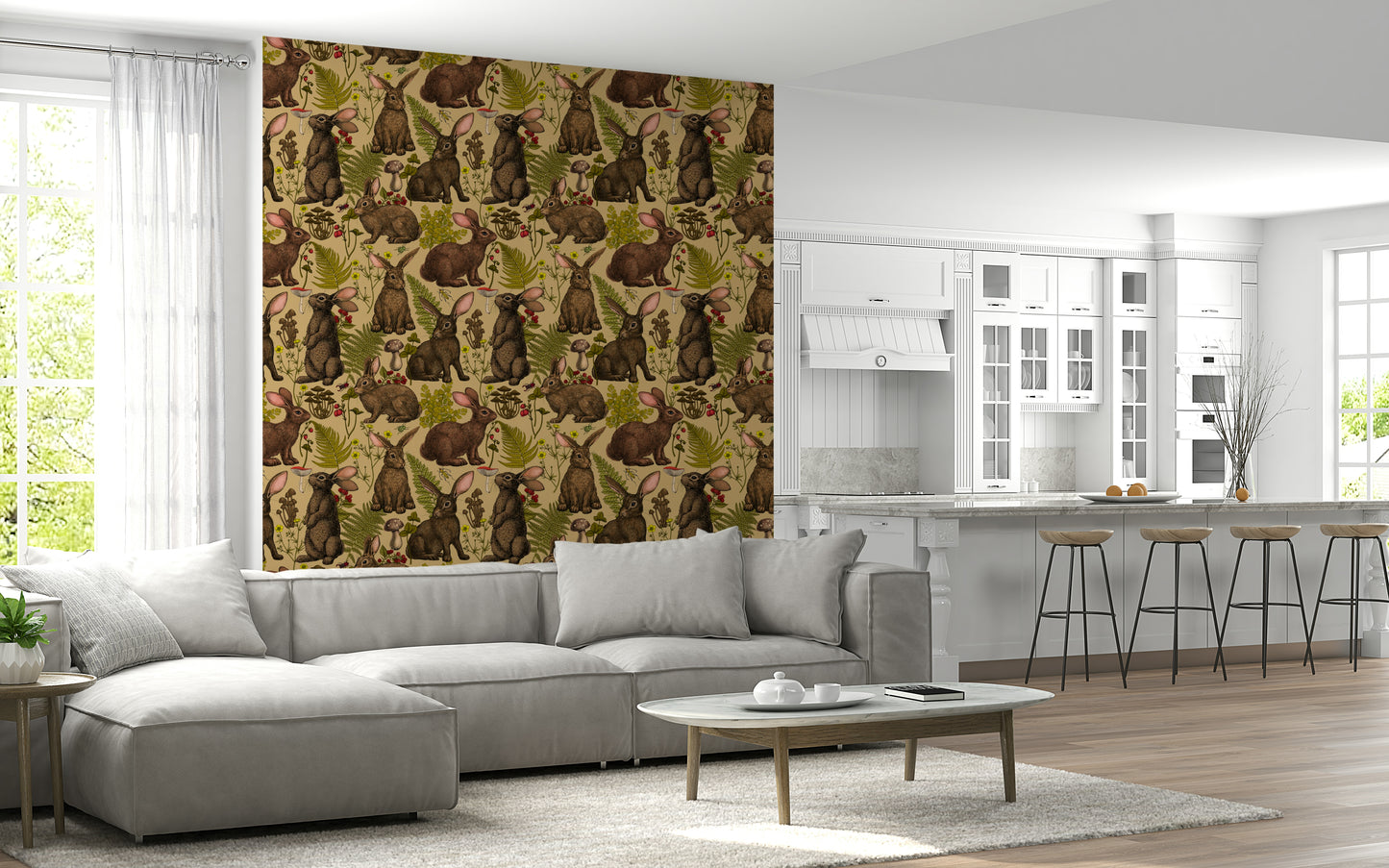 Rabbits and woodland flora Wallpaper creating a peaceful feature wall.