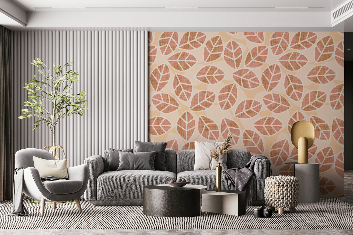 Botanical print featuring falling leaves of the Autumn Blush Leaves Wallpaper.