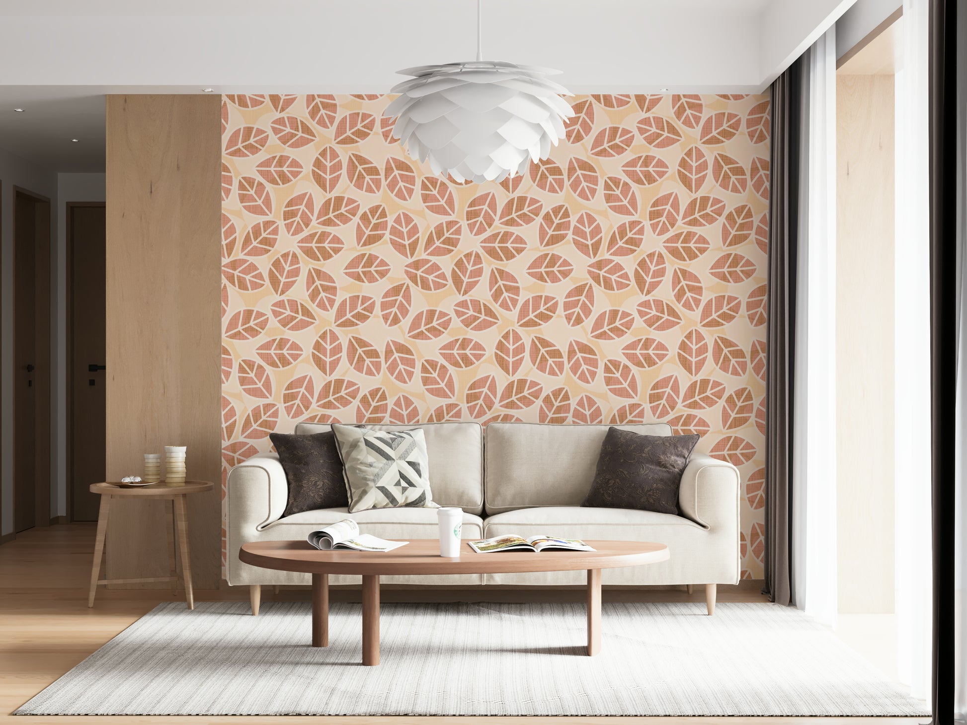 Designer interior decor with the Autumn Blush Leaves Wallpaper print.