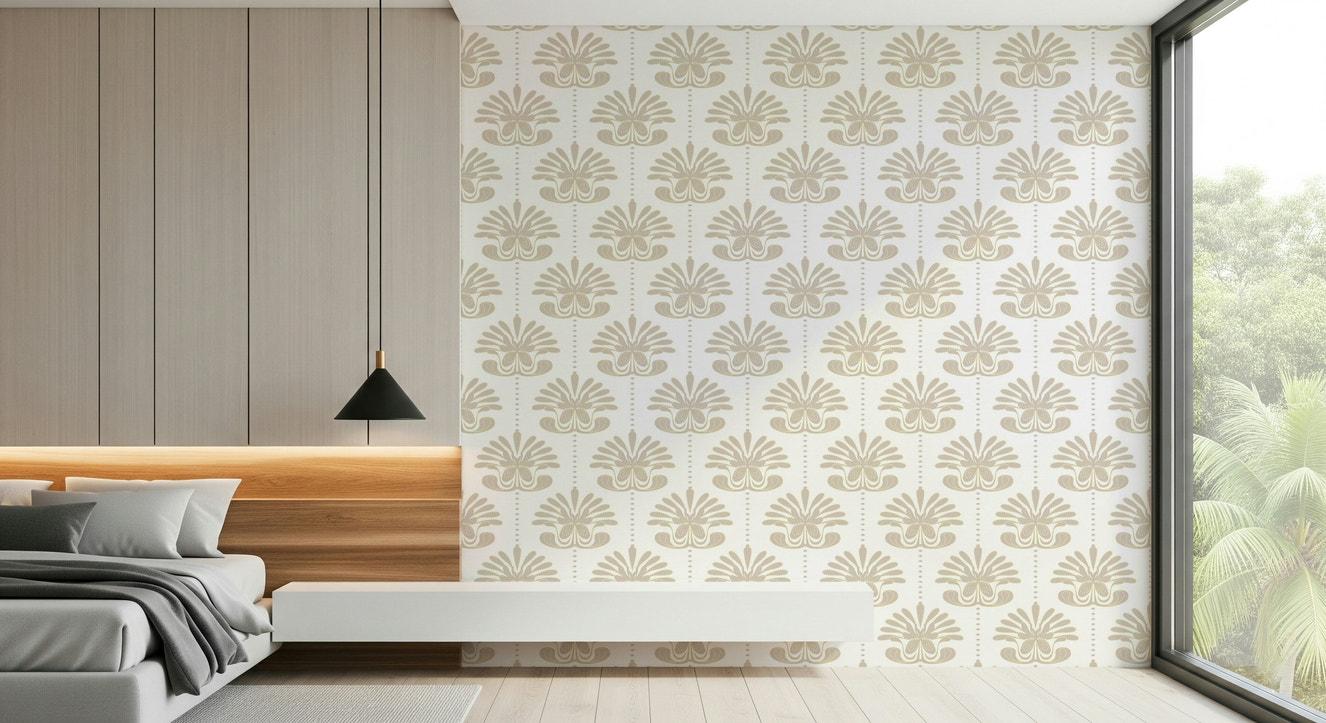 Chic Floral Symmetry Wallpaper in an elegant, modern bedroom.