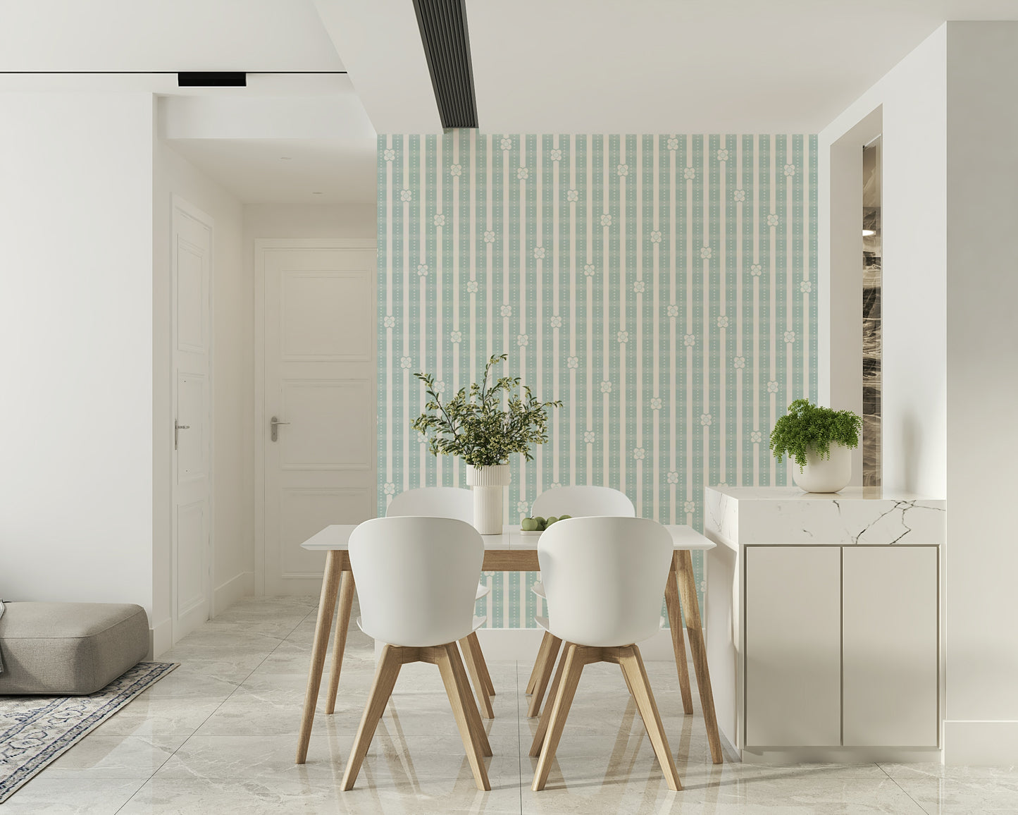 Floral Stripe Serenity Wallpaper creating height in a small room.