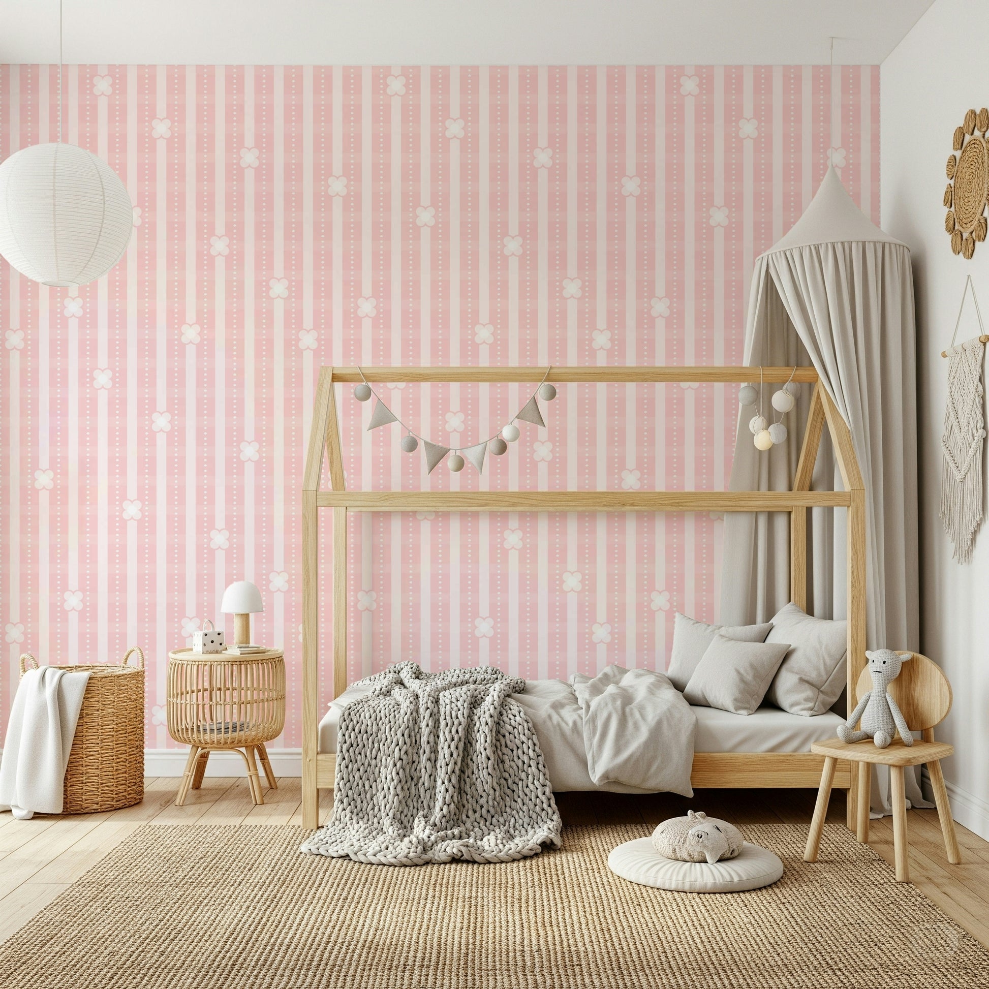 Contemporary dining area featuring the Pink Petals & Stripes Wallpaper.