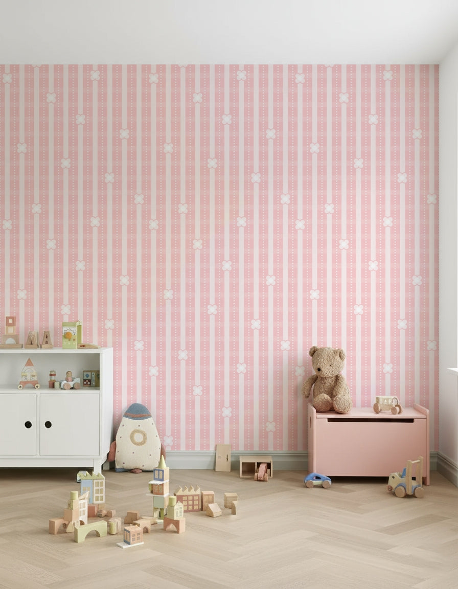 Pink Petals & Stripes Wallpaper adding height to a small space.