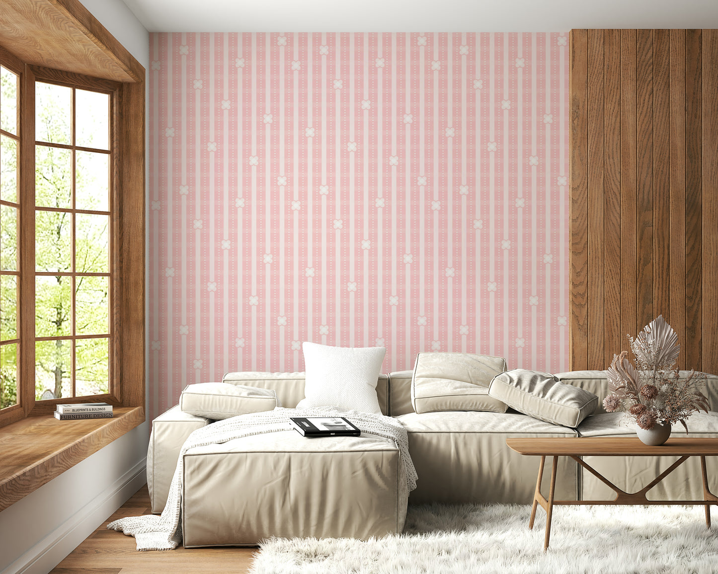 Designer interior decor with the Pink Petals & Stripes Wallpaper mural.