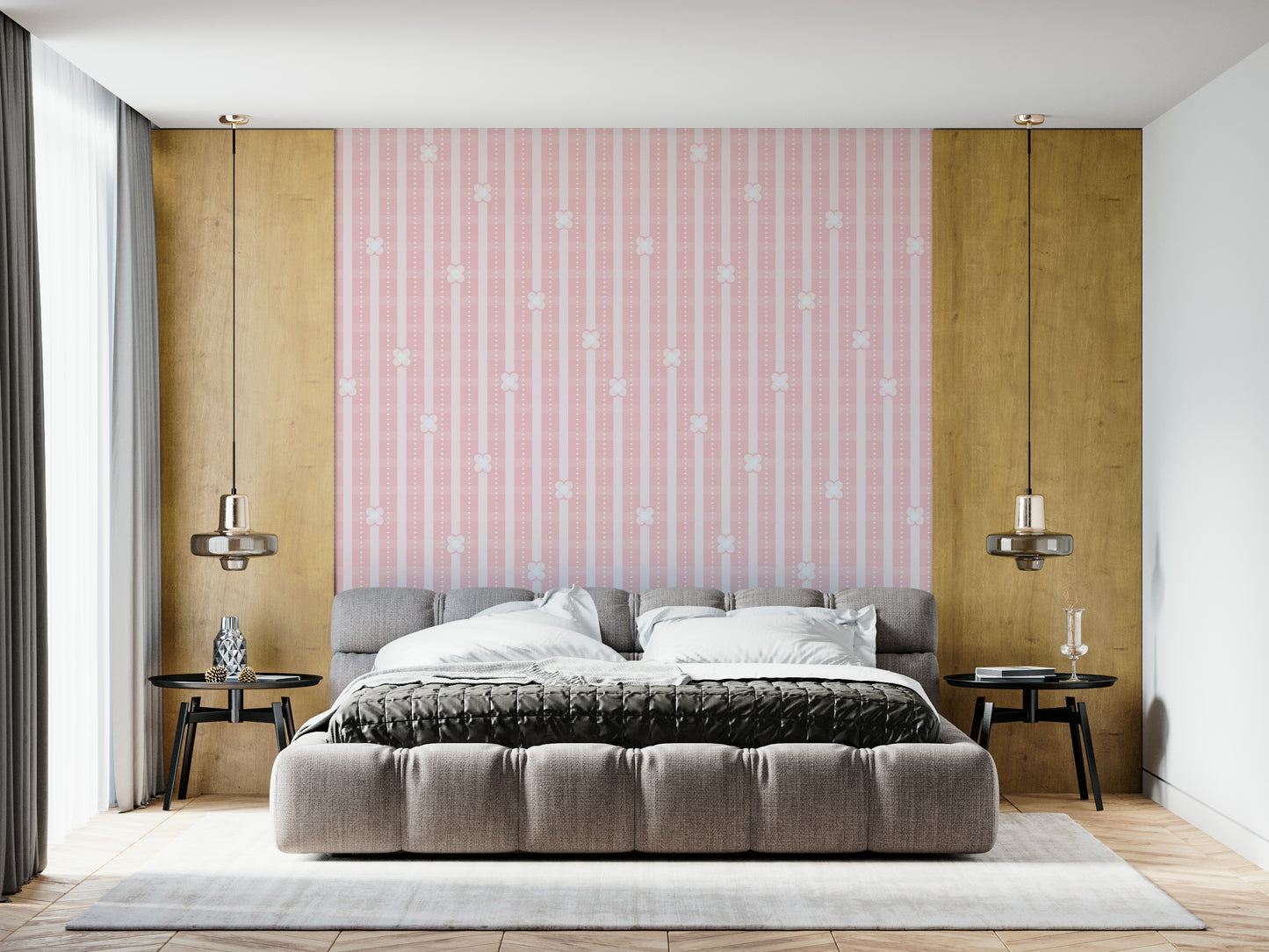 Light and airy wallpaper for walls using the Pink Petals & Stripes Wallpaper.