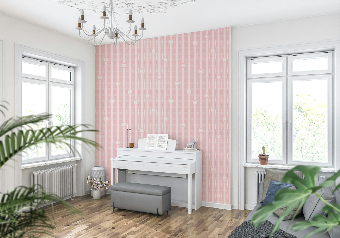 Pink Petals & Stripes Wallpaper in a sophisticated bedroom design.