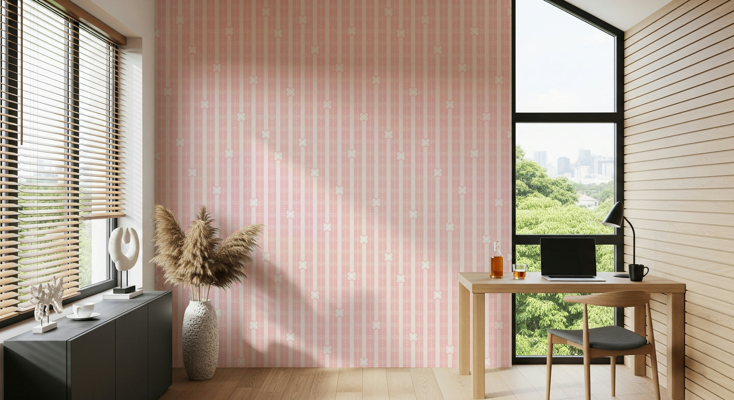 Soft pink floral pattern of the Pink Petals & Stripes Wallpaper mural.