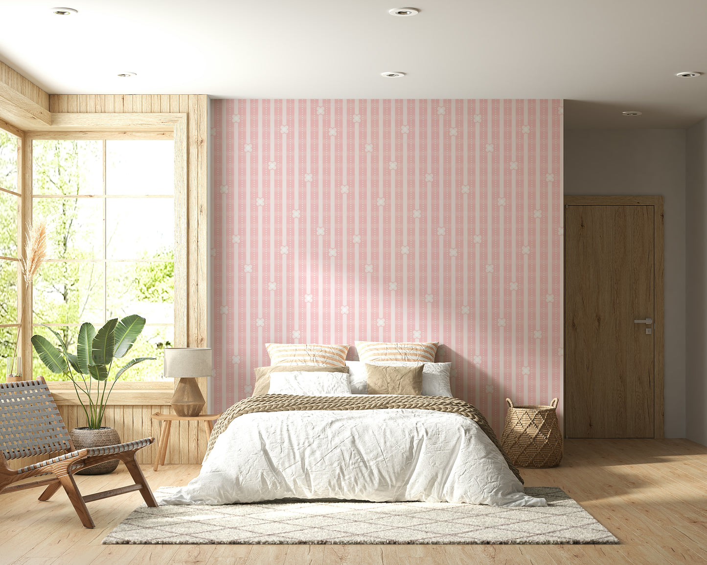 Modern abstract floral print of the Pink Petals & Stripes Wallpaper.