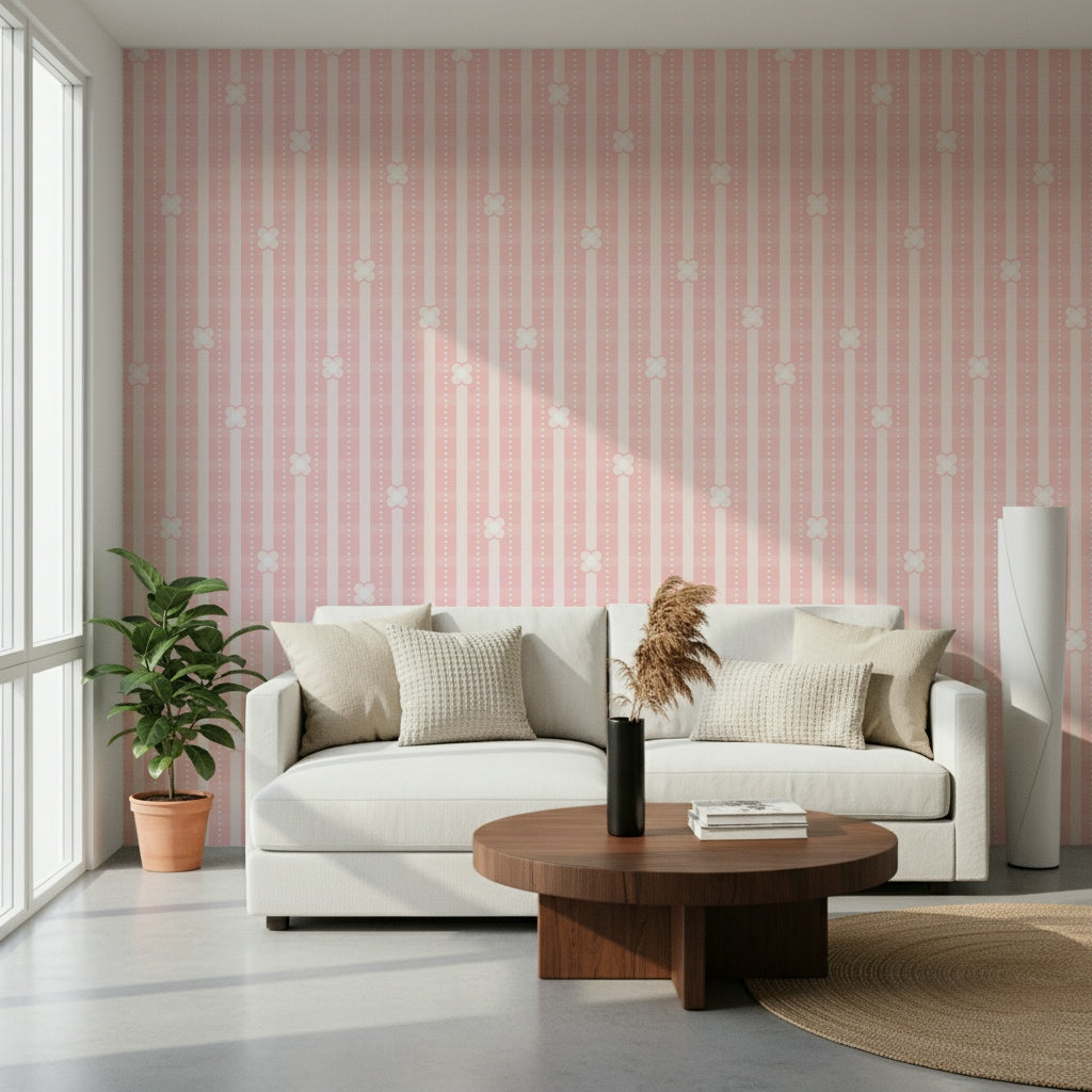Full view of a stylish nursery with Pink Petals & Stripes Wallpaper.