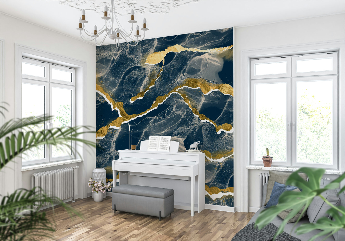Golden Veins Navy Marble in a luxurious contemporary living room.