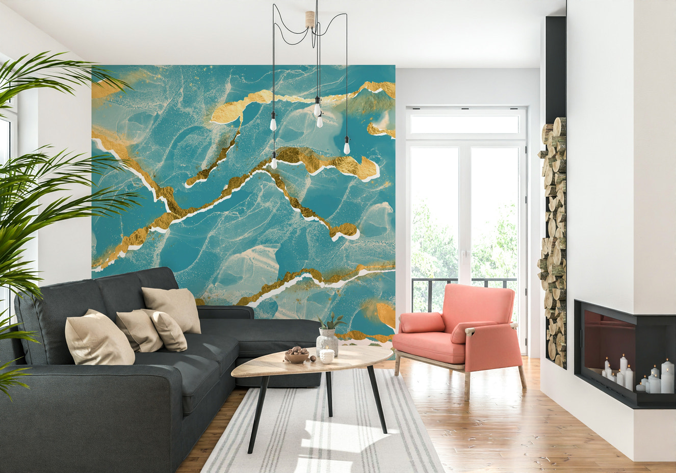Golden Veins Tropical Teal Marble Wall Mural in a maximalist dining room.