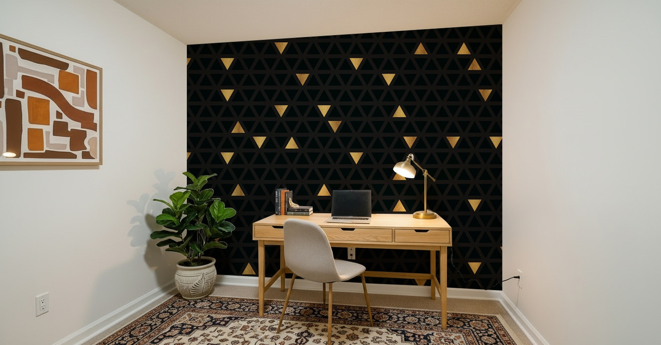 Luxury Black and Gold Triangles Wall Mural in an elegant lounge.