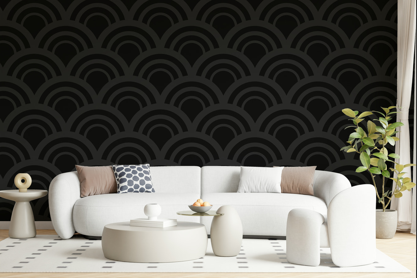 Black Charcoal Waves Wall Mural in a minimalist living room.