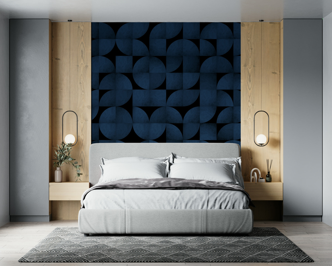 Mid-Century Blue Stone Wall Mural in a retro-style living room.