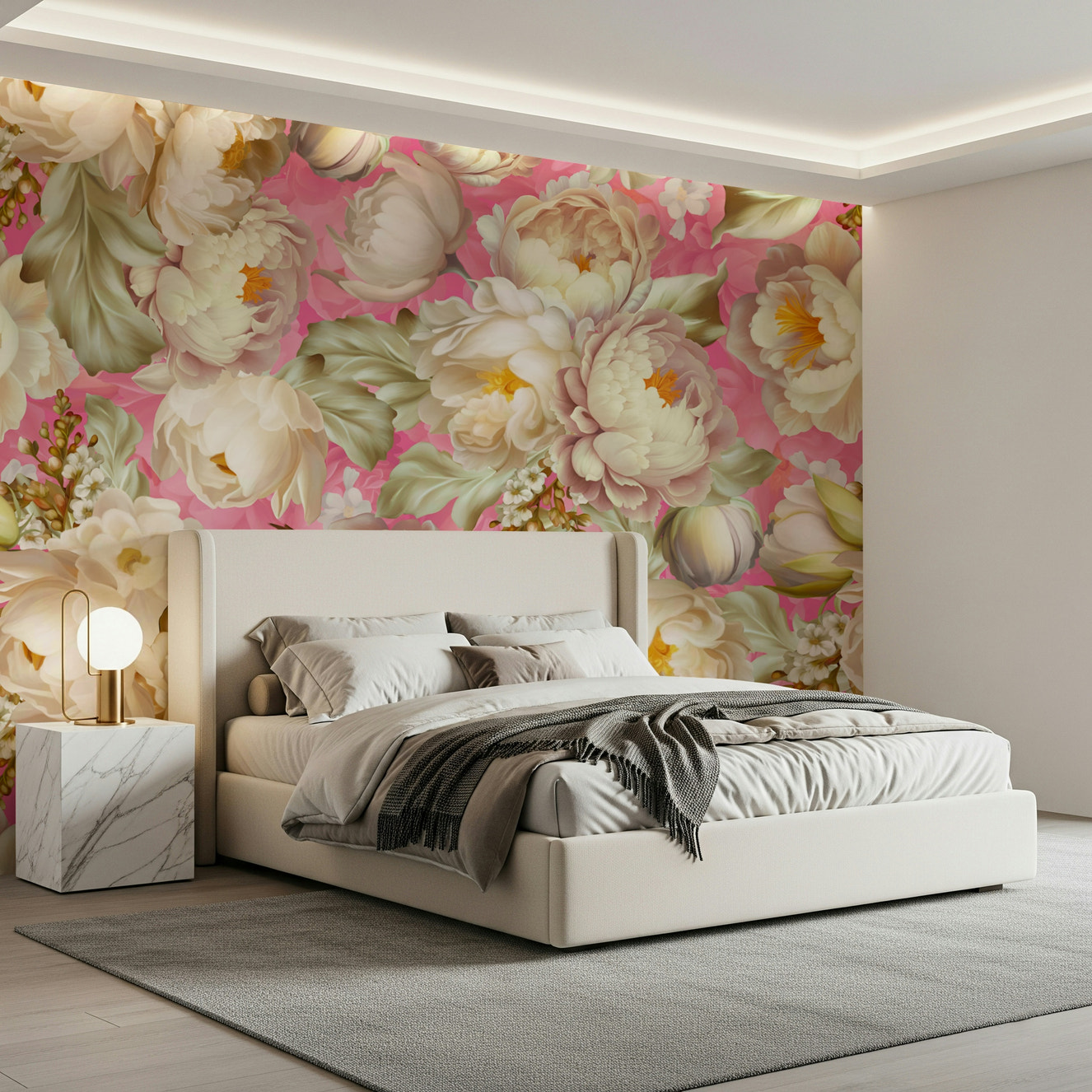 Full view of a serene bedroom with the Pink Blossom Burst Wallpaper Wall Mural.