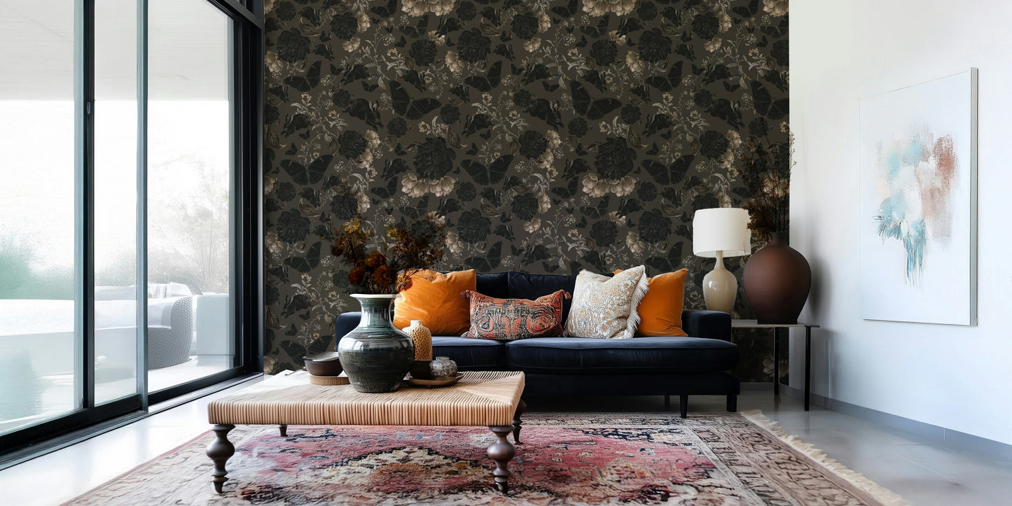 Sitting area featuring the dramatic Dark Academia Nocturnal Garden Wall Mural.