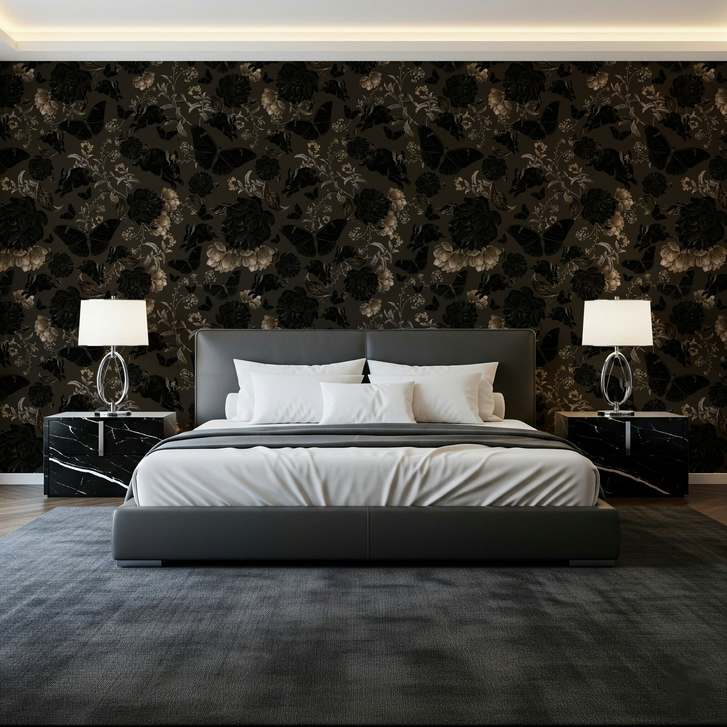 Headboard area showcasing the dark botanical Wall Mural.