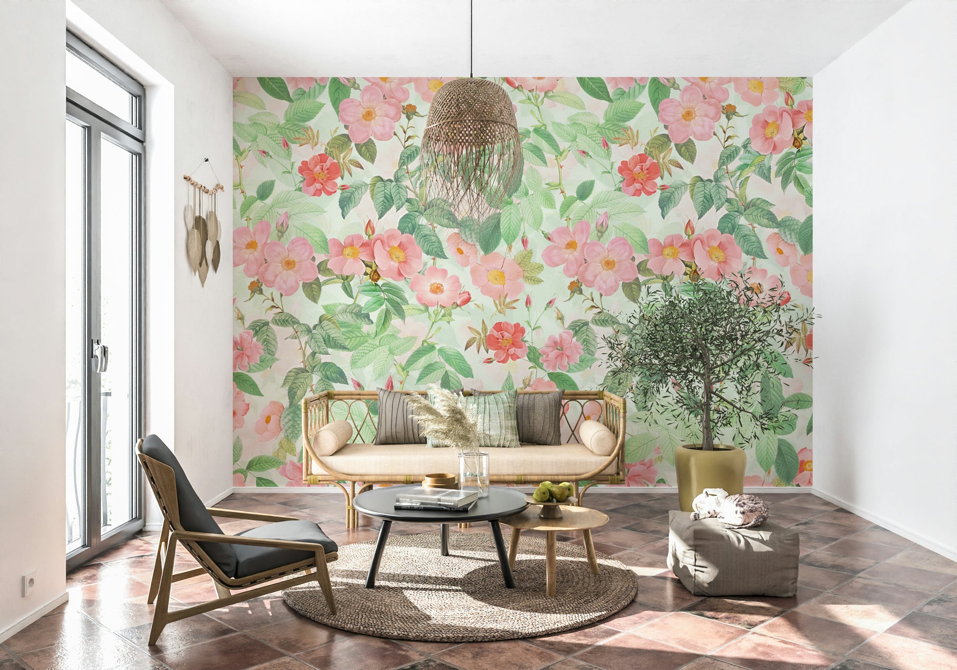 Classic botanical rose print on the Vintage Redouté Rose Garden Wall Mural.