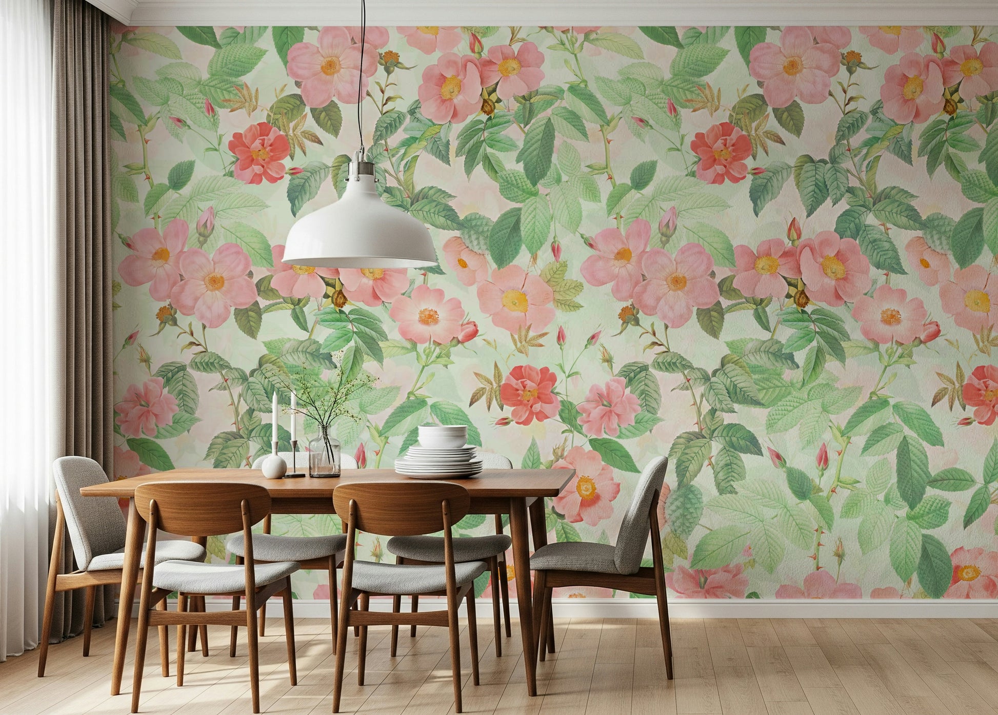 Redouté style illustrations on the Vintage Redouté Rose Garden Wall Mural.