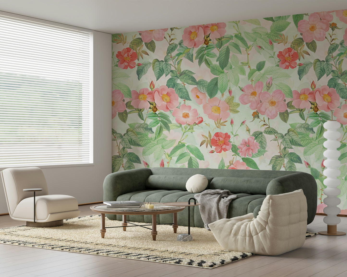 Accent wall featuring the inspiring Vintage Redouté Rose Garden Wall Mural.
